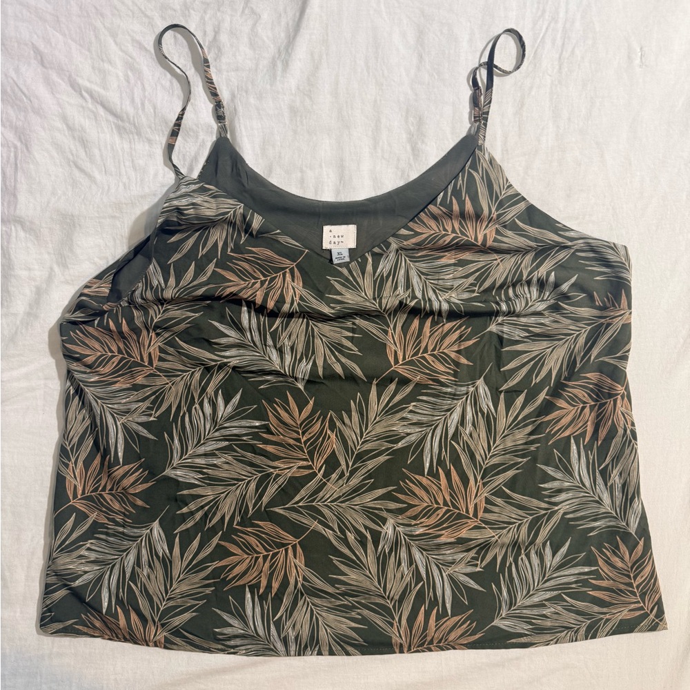 Olive Green Tropical Leaf Cami Tank Top Adjustable Straps Lined Boho A New Day